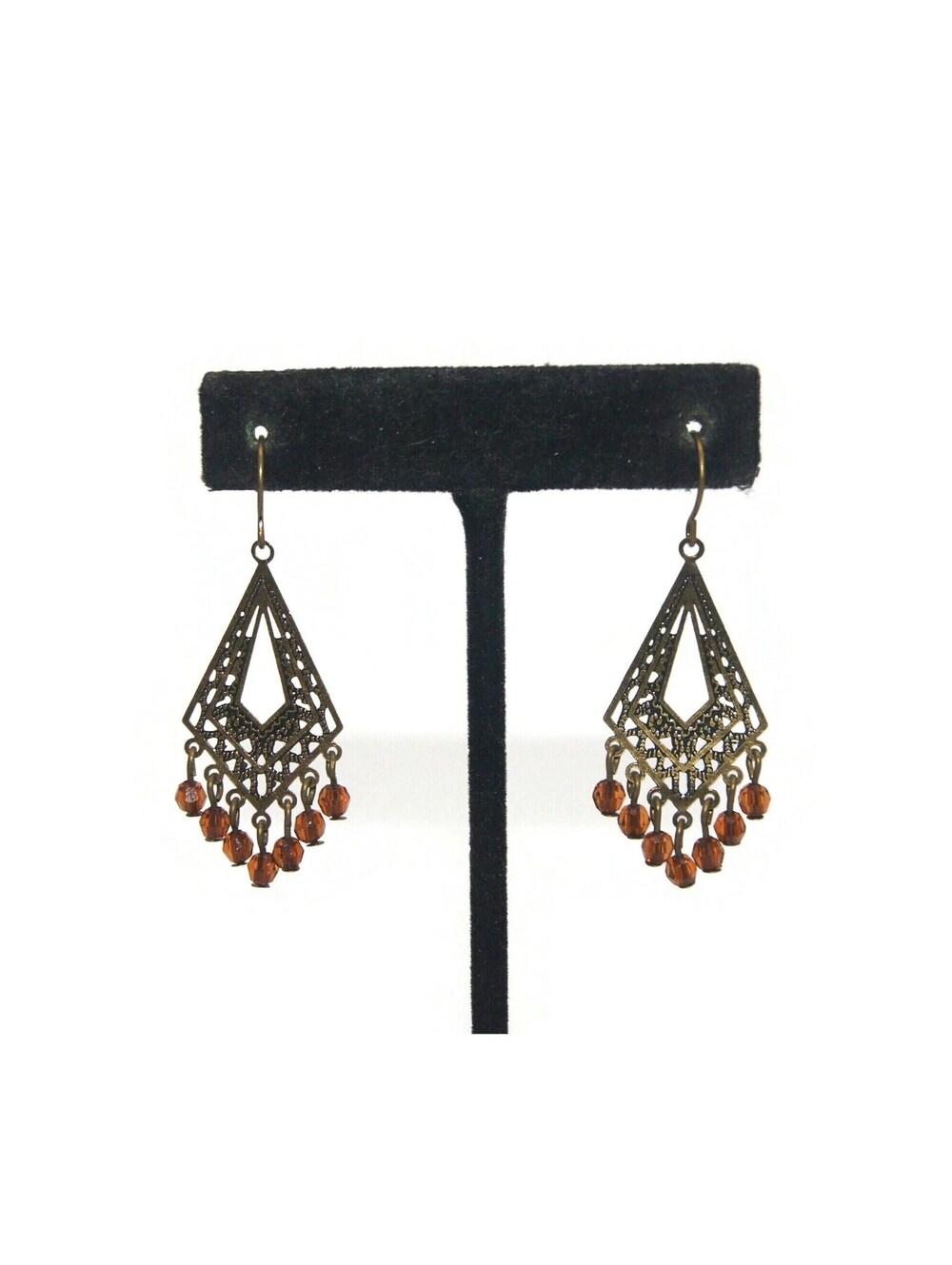 Vintage Brass Tone and Brown Plastic Beads Dangle Earrings.